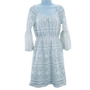 AGB White Lace Fit & Flare Scoop Neck Ruffle Long Sheer Sleeve Dress 6